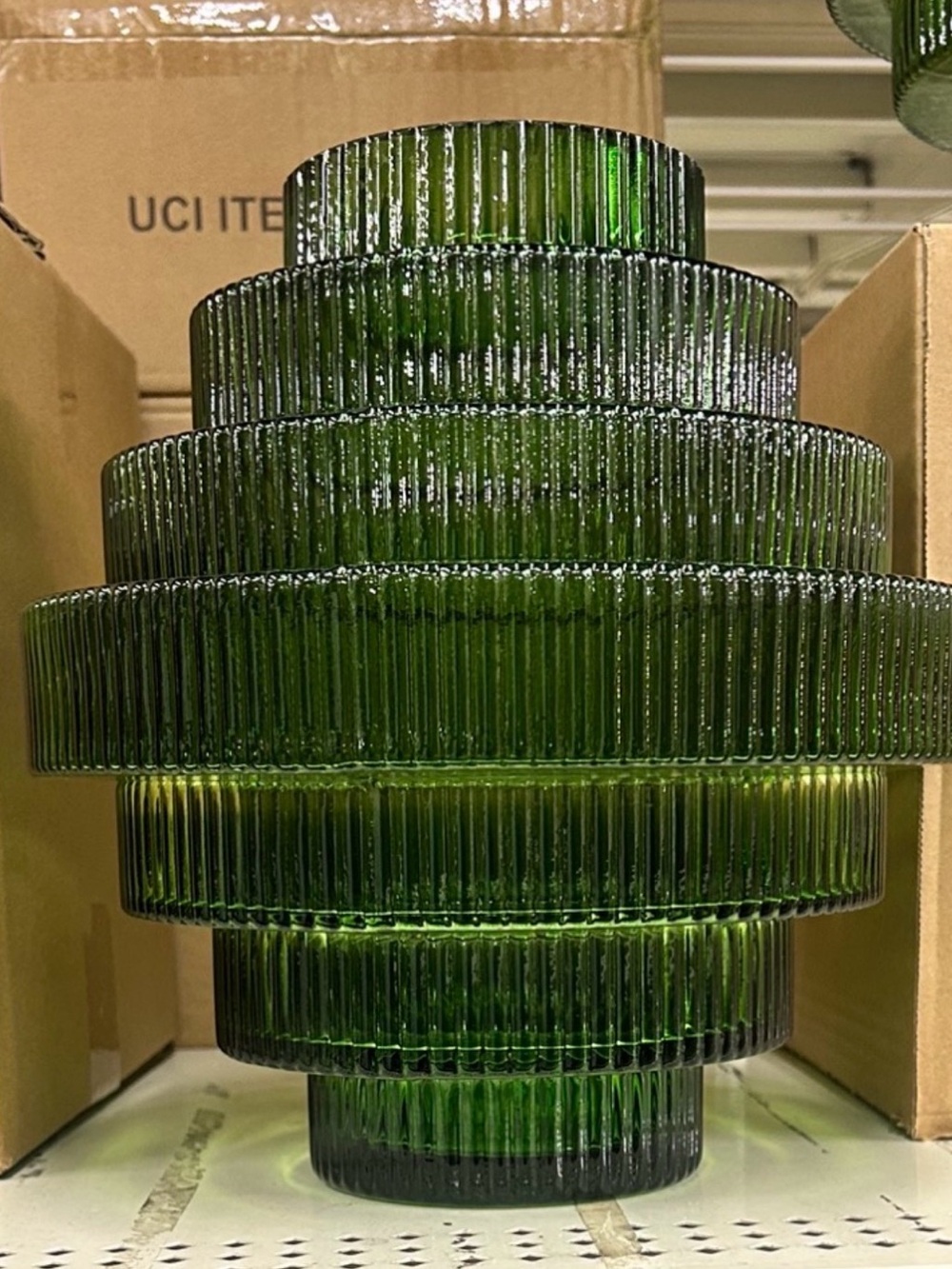 Green Ribbed Glass Decorative Vase - Brand Unspecified